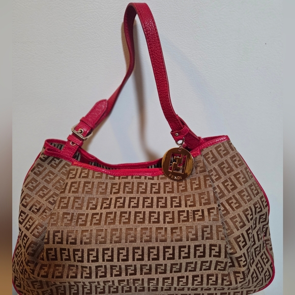 Fendi Zucca Baguette Tote Shoulder Bag Brown/Pink Leather Trim - Picture 2 of 15